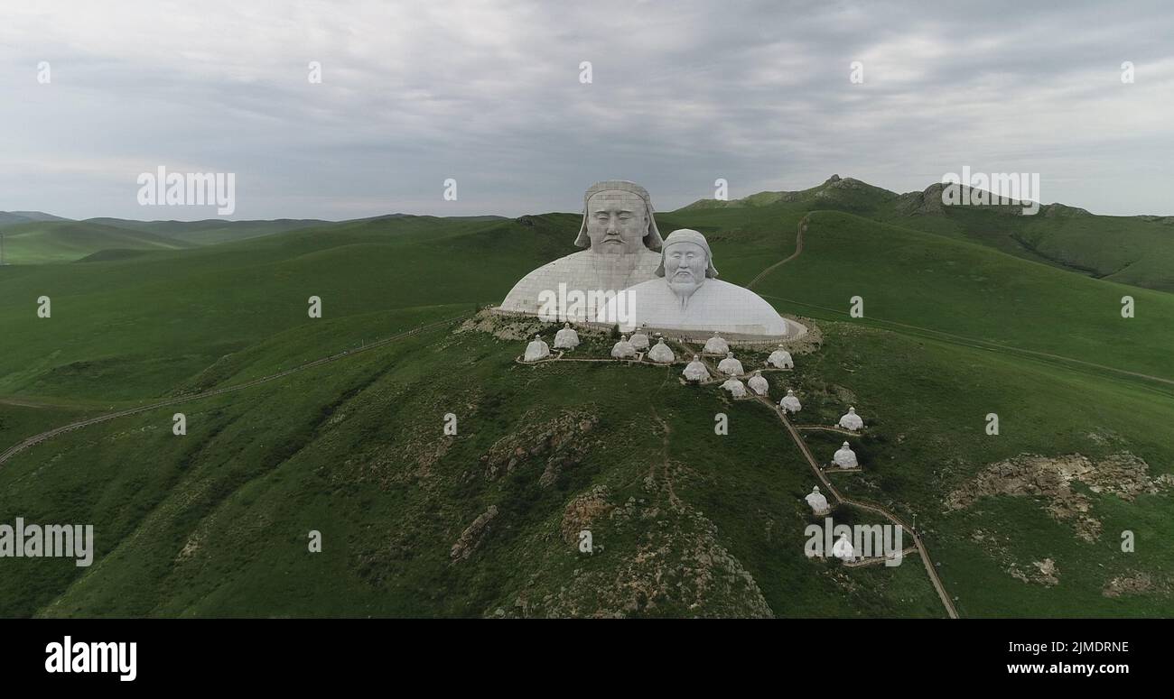 TONGLIAO, CHINA - AUGUST 2, 2022 - An aerial photo shows giant statues of Emperor Genghis Khan and Emperor Kublai Khan on Khan Mountain in Holingol, T Stock Photo