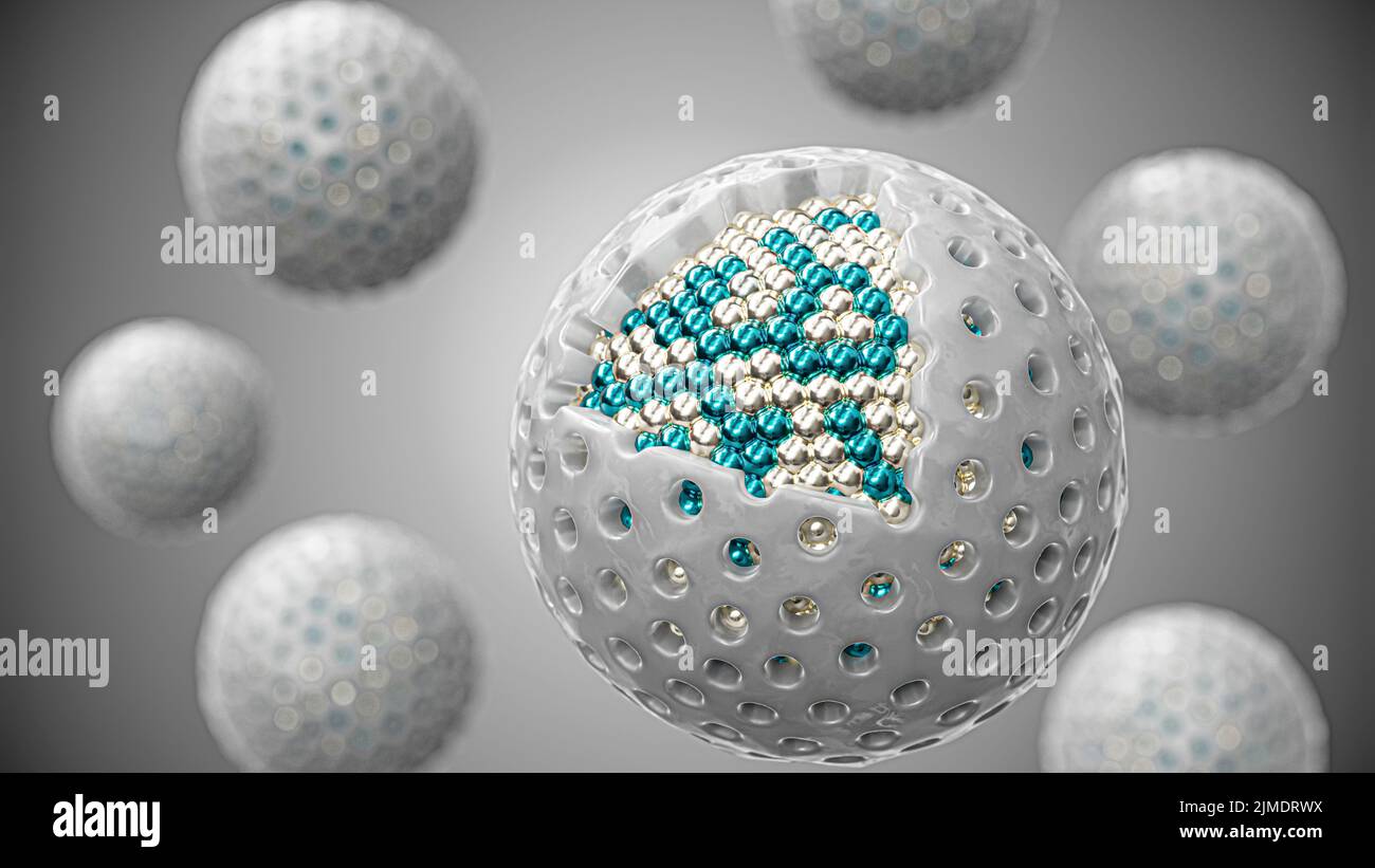 3D conceptual illustration of a mesoporous silica-coated nanocatalyst. Stock Photo
