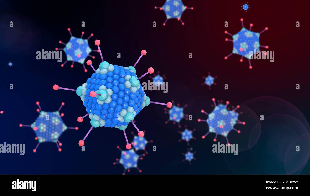 Illustration of adenovirus. Most adenoviruses result in cold, flu or inflammation, In some cases they can cause respiratory diseases and pneumonia. Stock Photo