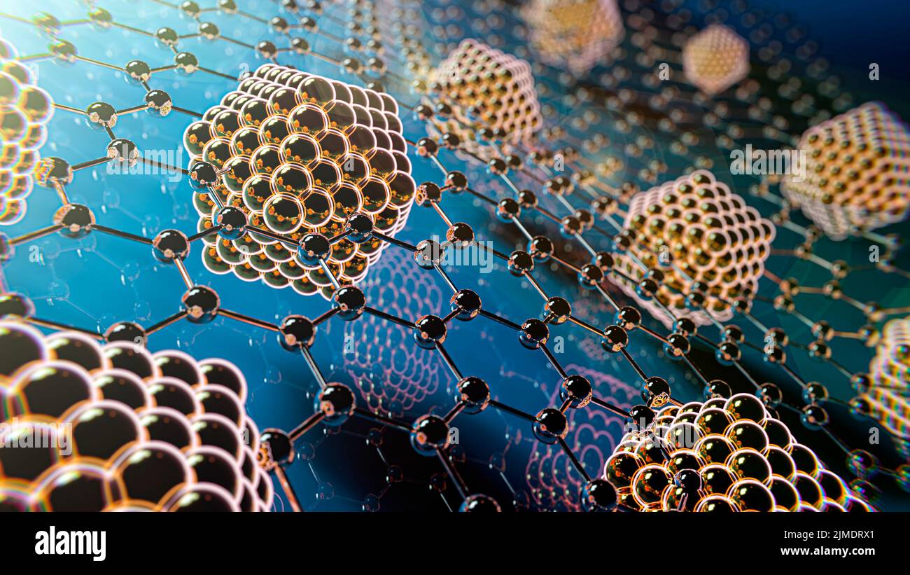 3D conceptual illustration of graphene containing metal nanoparticles. Stock Photo