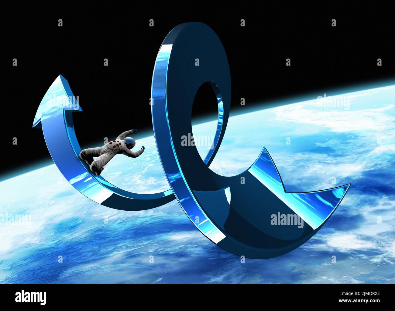 Astronaut on an arrow on top of a globe, illustration. Stock Photo