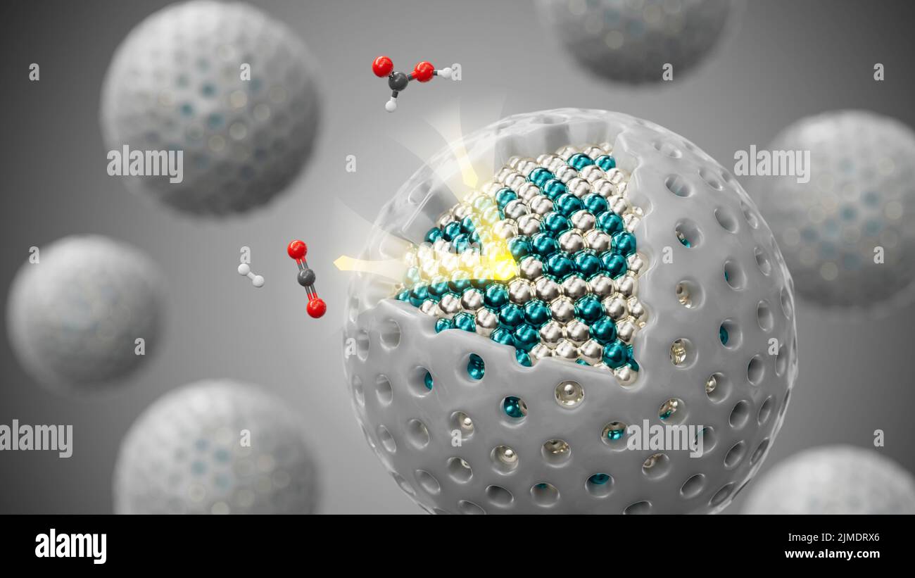 3D conceptual illustration of formate oxidation via a silica-coated metal nanocatalyst. Stock Photo