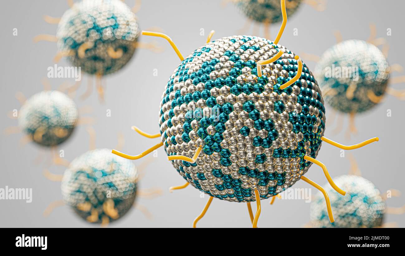 3D conceptual illustration of a mesoporous silica (grey)-coated nanocatalyst with ligand (yellow) attachments. Stock Photo