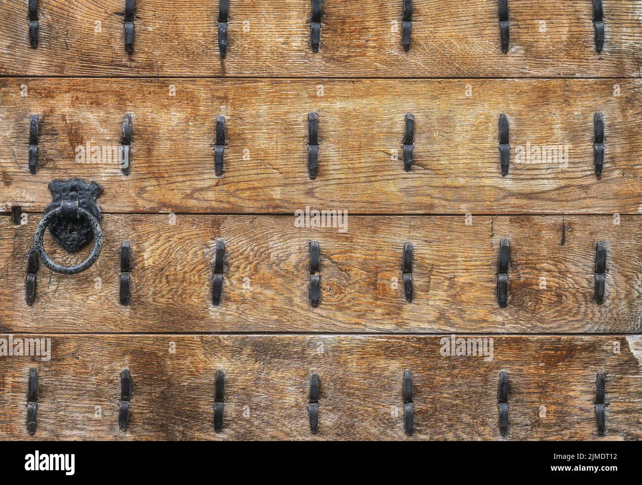 Vintage wooden door, cast iron, ring shaped, doorhandle and iron studs