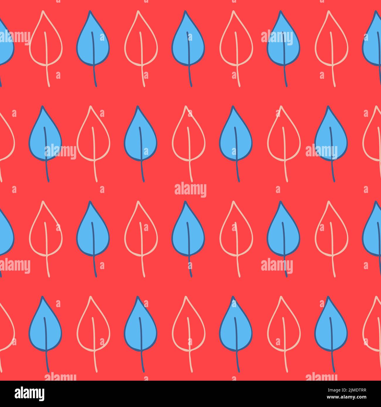 Red blue birch leaf seamless pattern cute trendy hand drawn background for design Stock Vector