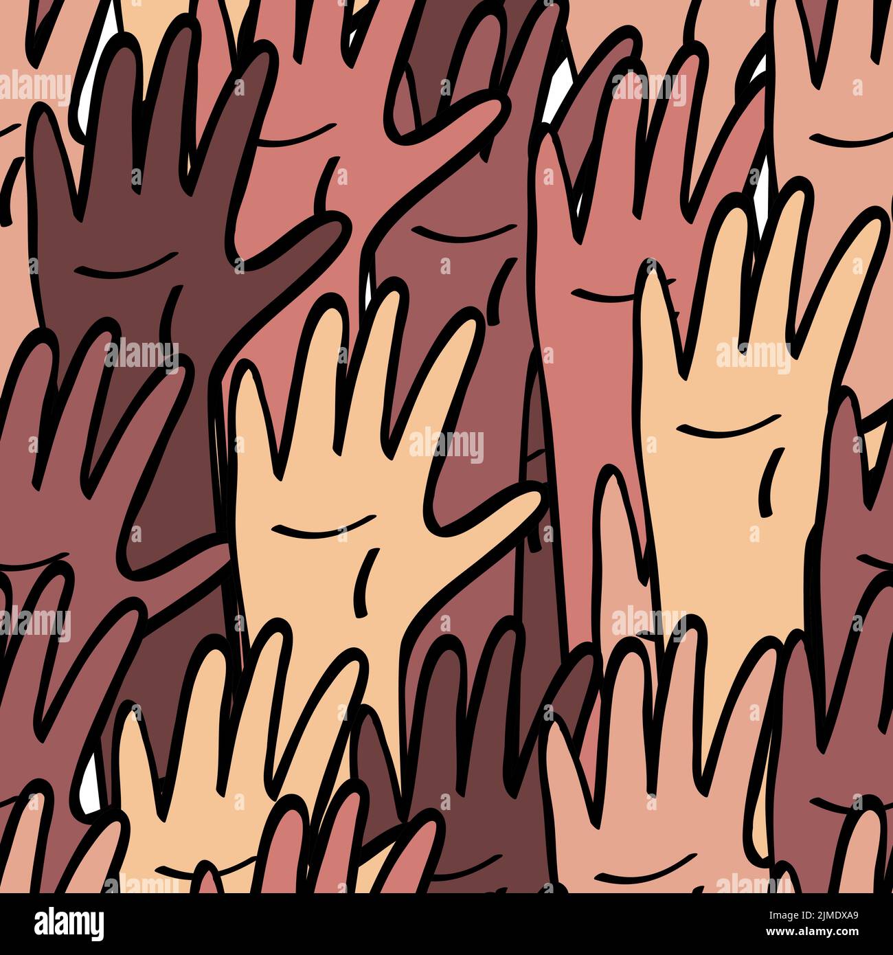 Raised hands different skin colour seamless pattern. Equality and diversity, race unity, international community concept. Illustration in flat catroon Stock Vector