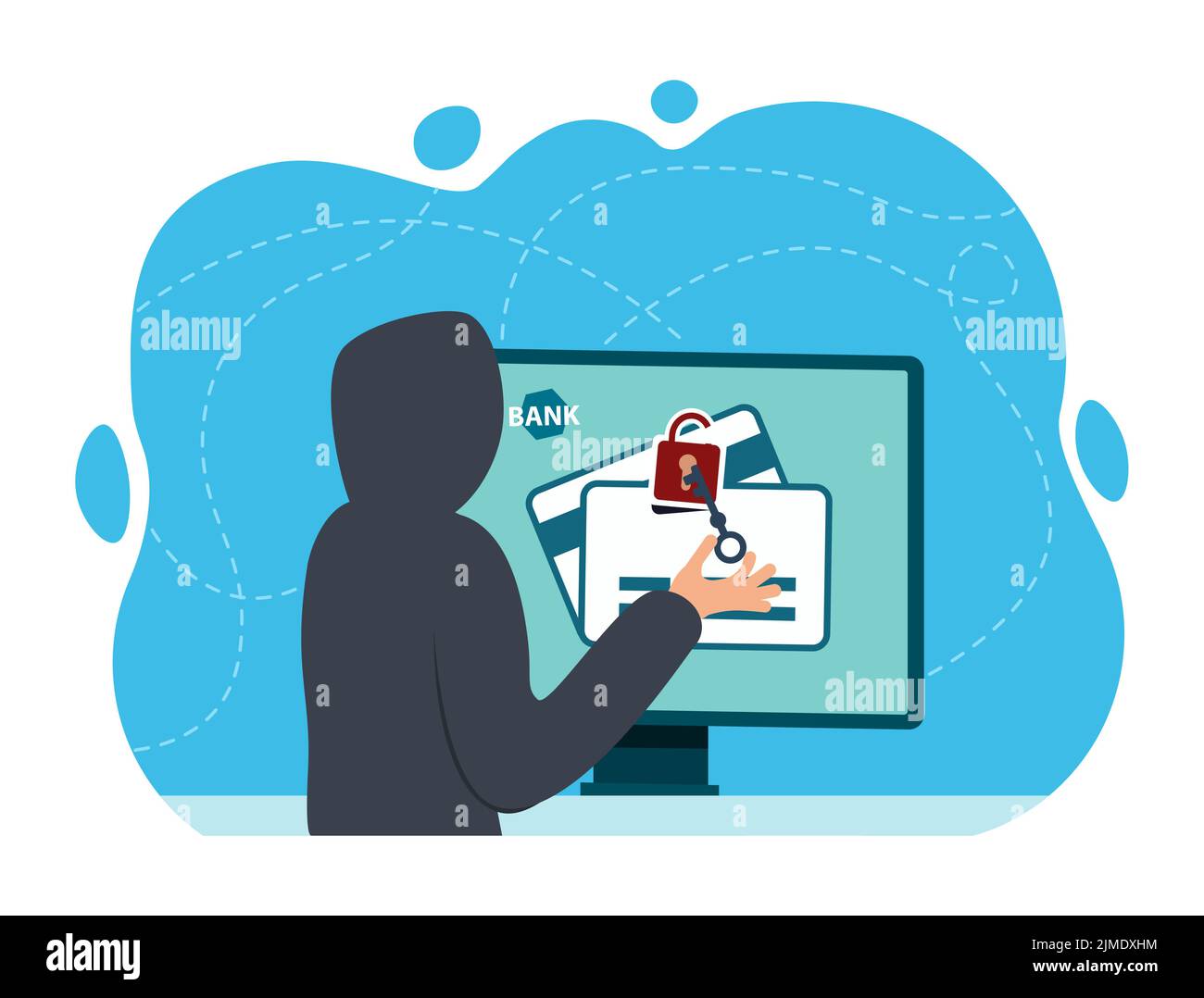 Hacker at the computer stealing confidential data, personal information, credit card. Internet phishing concept. vector illustration in flat design Stock Vector