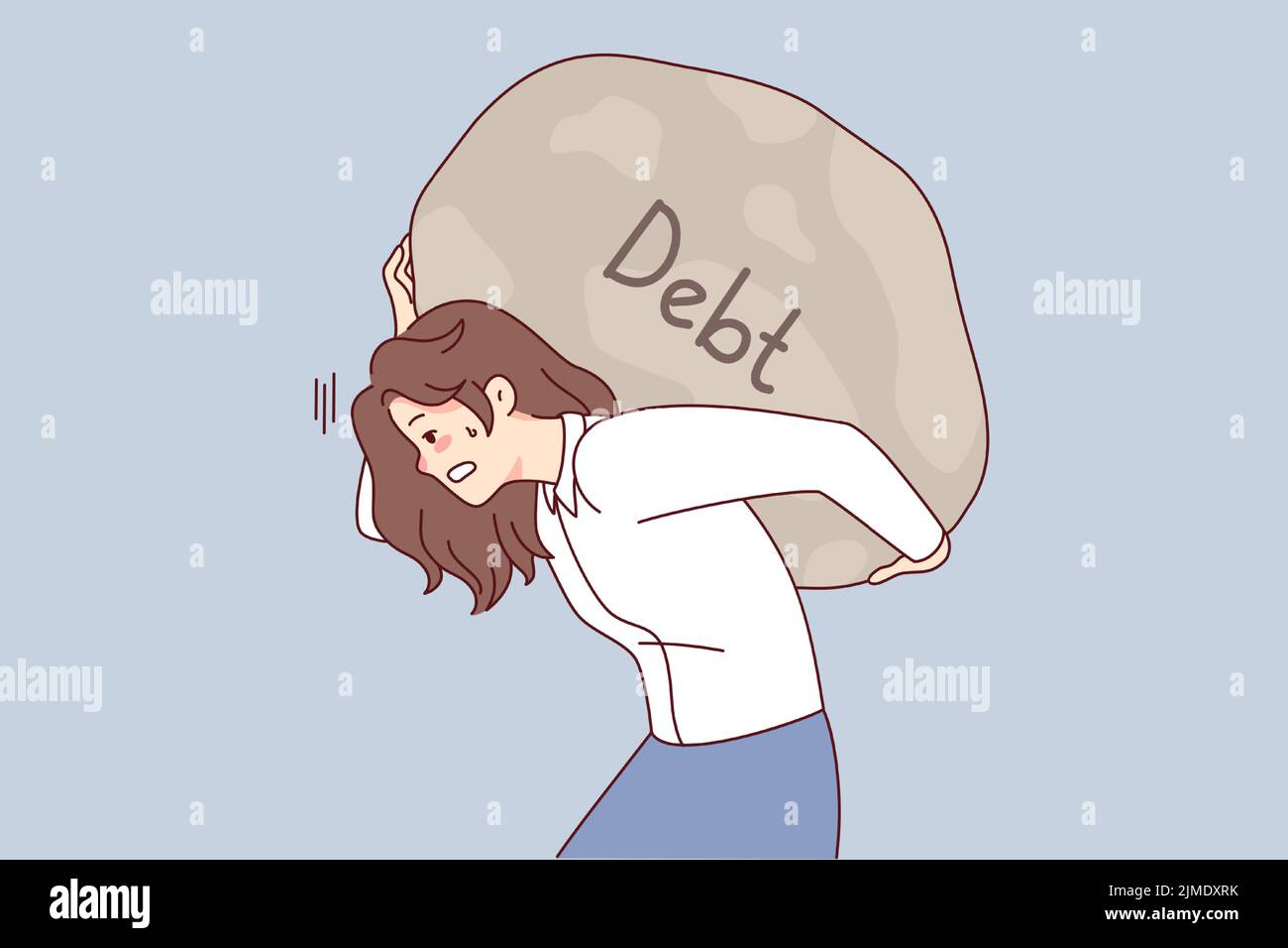 Tired woman carrying huge stone on back suffer from debt or bankruptcy. Exhausted businesswoman hold big boulder on shoulders struggle with financial problems. Vector illustration.  Stock Vector