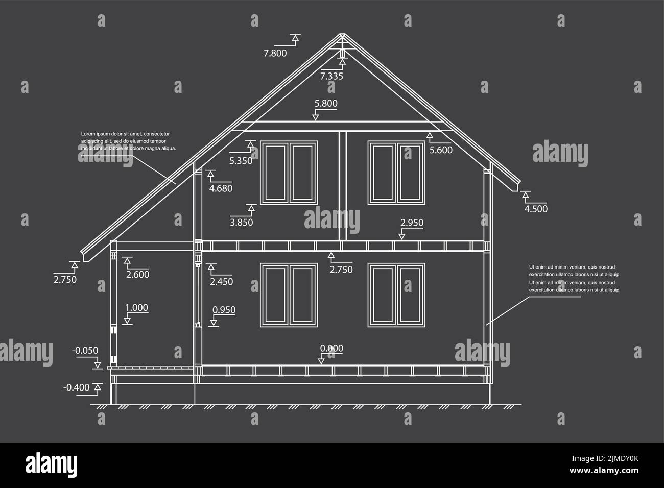 Big house plan or scheme. Detailed architectural plan of the building.Engineering project of a two-story house. Vector illustration Stock Vector