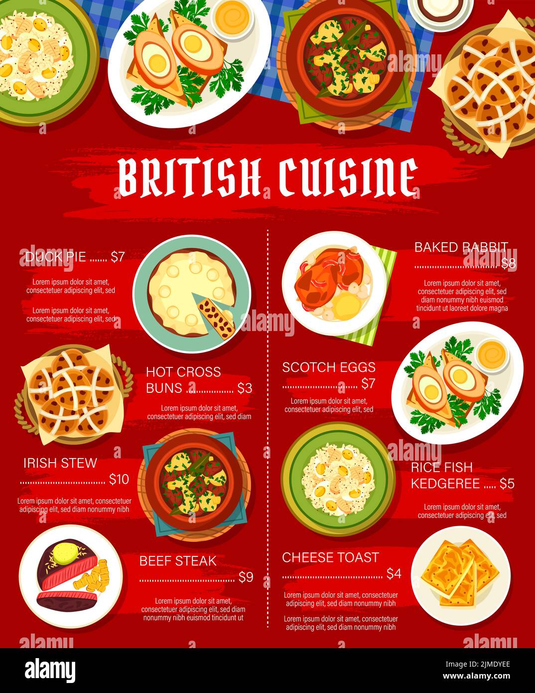 British cuisine menu page design vector template. Duck pie, hot cross