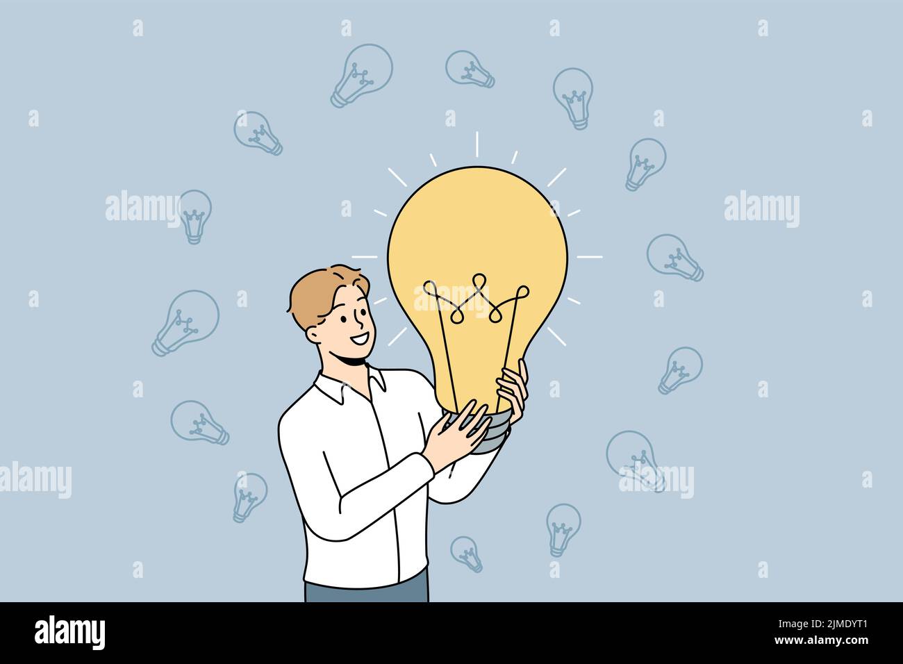 Happy businessman holding lightbulb excited about creative business idea. Smiling man employee generate innovative project. Innovation concept. Vector illustration.  Stock Vector