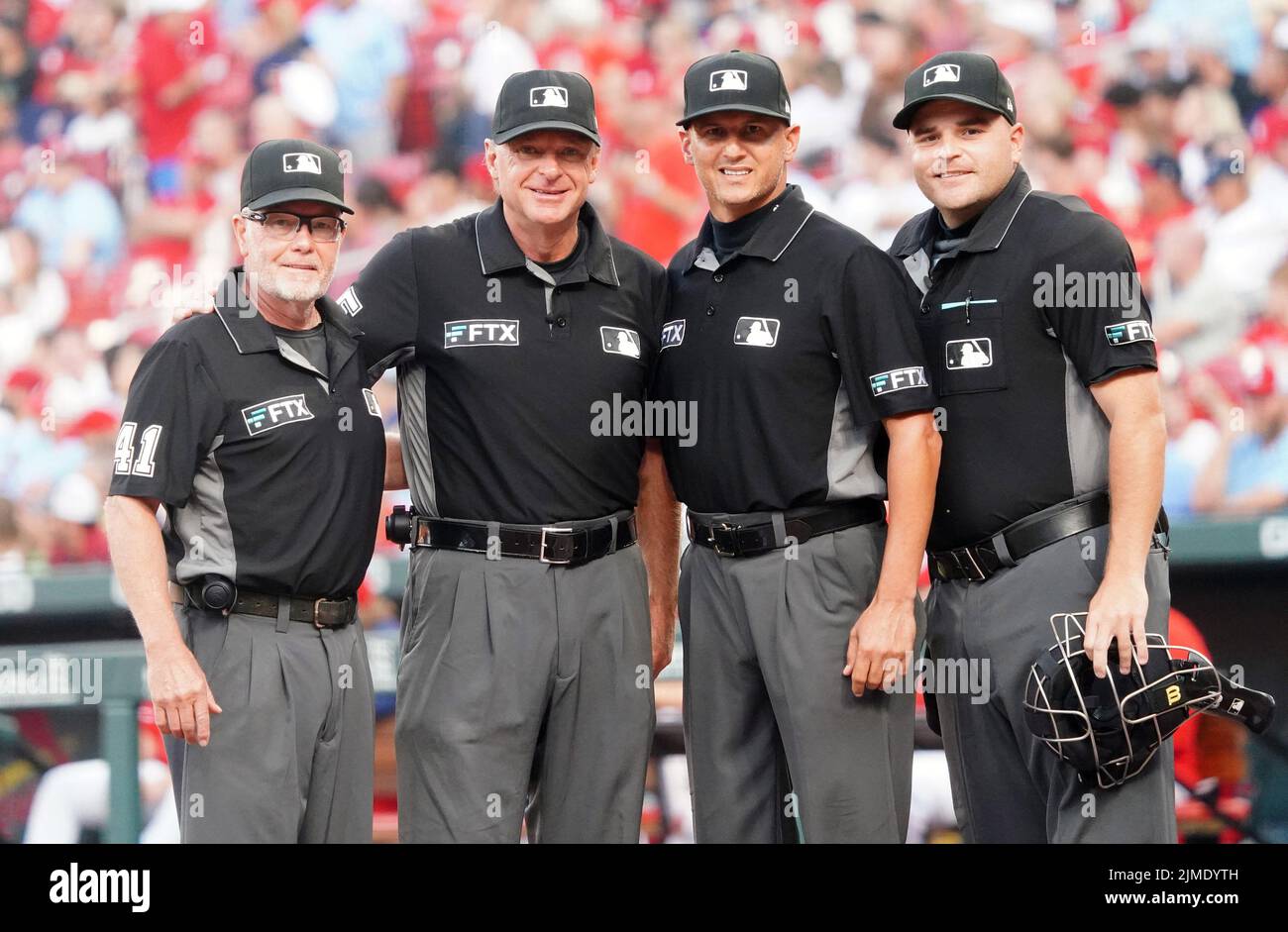 St. Louis, United States. 05th Aug, 2022. Umpire crew (L to R) Jerry Meals, Ed Hickox, Vic Carapazza and Jansen Visconti, prepare to work the New York Yankees-St. Louis Cardinals baseball game at Busch Stadium in St. Louis on Friday, August 5, 2022. Photo by Bill Greenblatt/UPI Credit: UPI/Alamy Live News Stock Photo