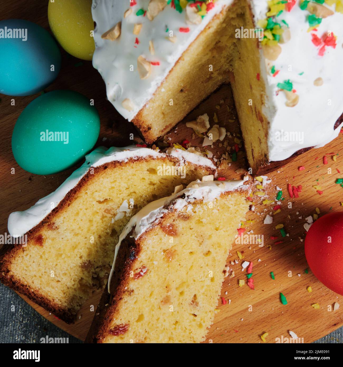 Easter cake and colorful Easter eggs Stock Photo