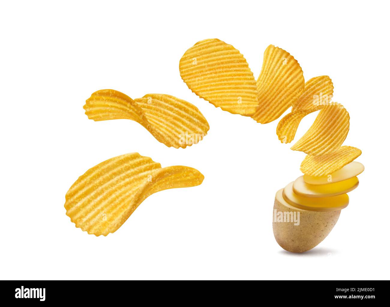 Realistic potato turning into ripple wavy chips. Flying and falling
