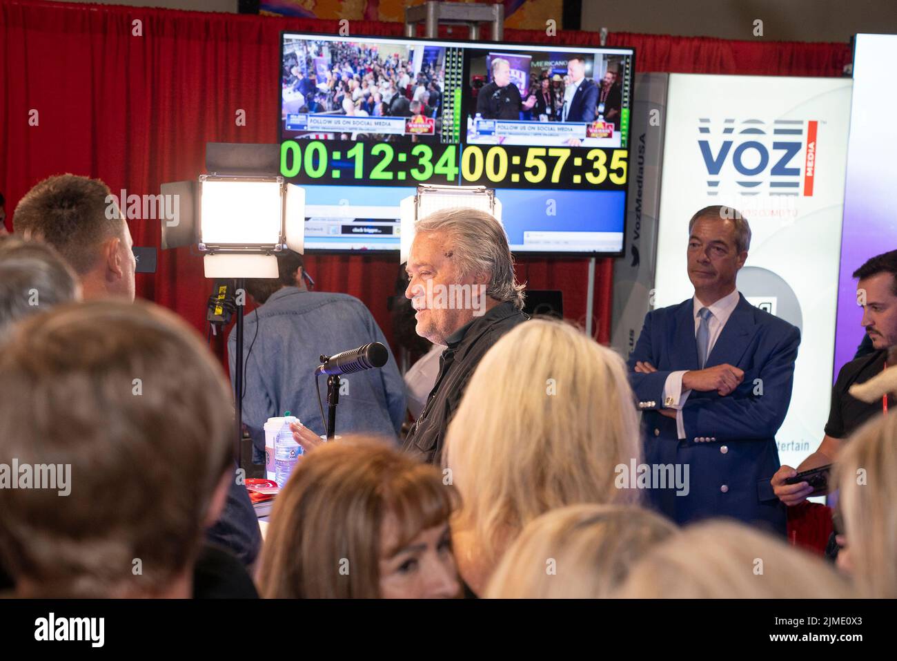 Dallas, United States. 05th Aug, 2022. Steve Bannon conducts an interview as Nigel Farage seen on the background during CPAC Texas 2022 conference at Hilton Anatole (Photo by Lev Radin/Pacific Press) Credit: Pacific Press Media Production Corp./Alamy Live News Stock Photo