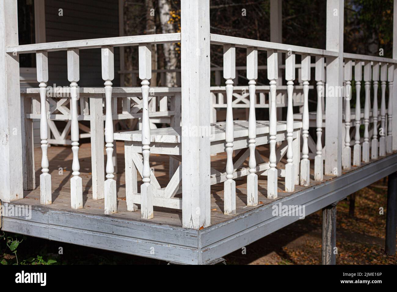 Decoration of the veranda with a wooden railing Stock Photo Alamy
