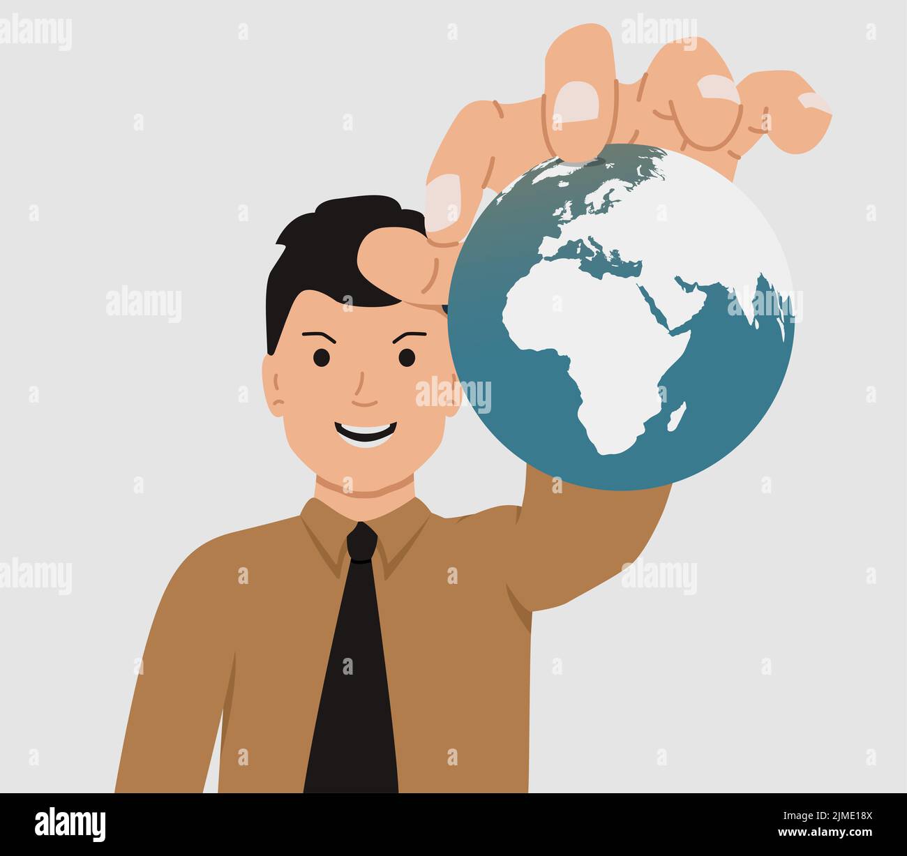 The concept of world domination. Man holds the planet Earth in his hands. A man with an evil smile controls the population of th Stock Photo