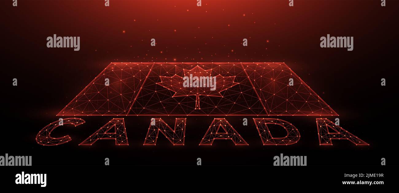 Polygonal vector illustration of a map of Canada. Abstract banner or template made of dots and lines on a dark red background. Stock Photo