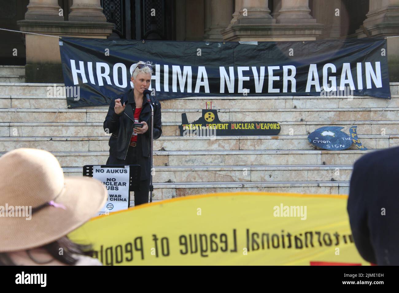 Sydney, Australia. 6th August 2022. A rally outside Sydney Town Hall at 2pm commemorated the US dropping of nuclear bombs on Hiroshima and Nagasaki in Japan in 1945. Pictured: Gem Romuld (International Campaign to Abolish Nuclear Weapons). Credit: Richard Milnes/Alamy Live News Stock Photo