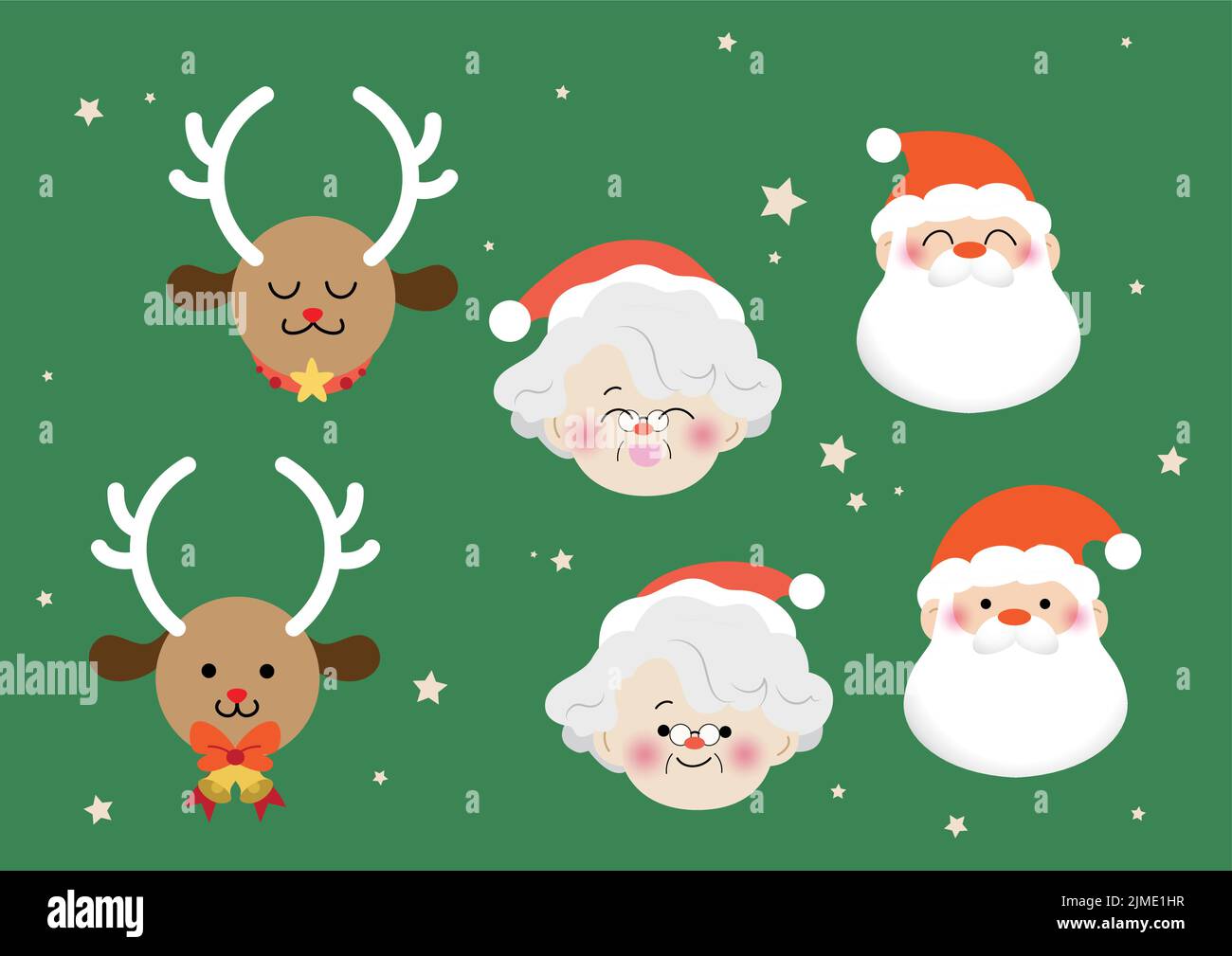 Isolated faces of christmas characters flat vector illustrations set. Santa Claus and his wife Mrs Claus, Rudolph the reindeer. Couple of old people Stock Vector