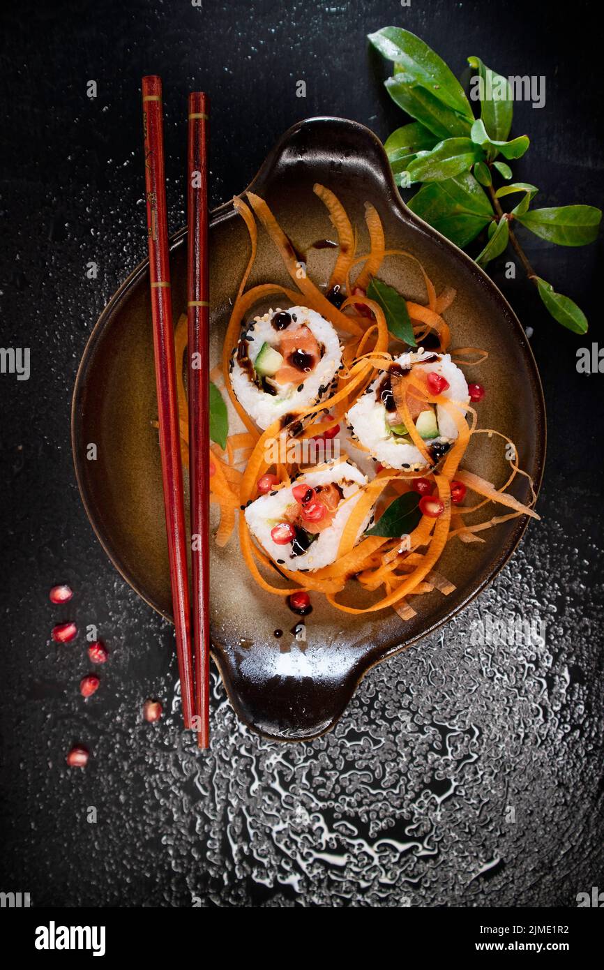 White rice sushi with carrot threads Stock Photo Alamy