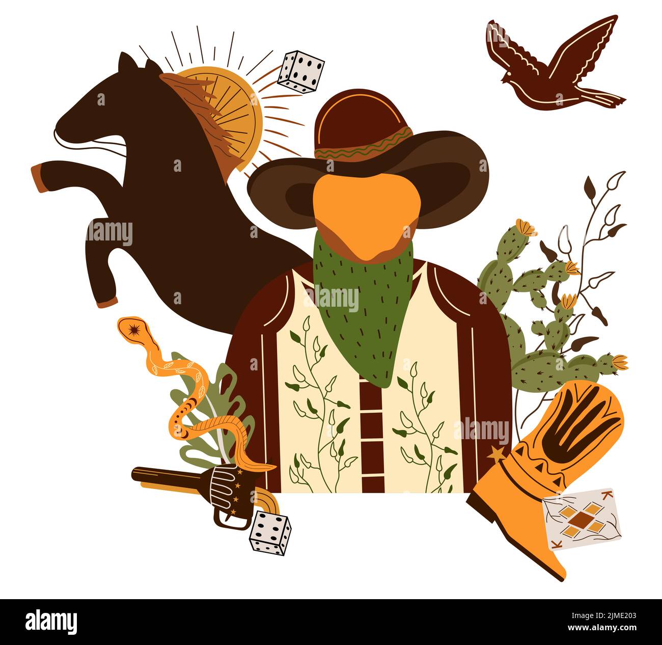 Wild west poster with a sheriff character in cowboy hat, snake, wild horse, flying eagle, cowboy boot. Further Old West in flat style. Vector illustration. Stock Vector