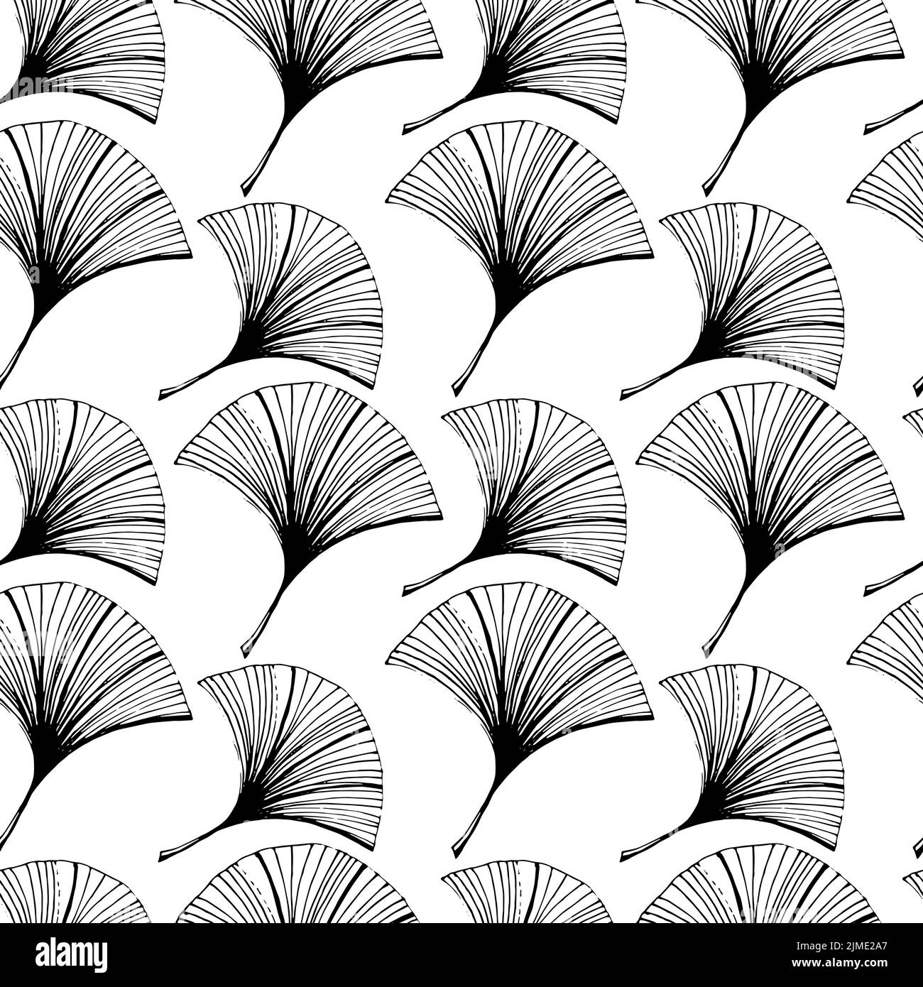 A seamless hand-drawn ginkgo leaf pattern in sketch style. Leaves at different angles on a white background. Leaf shape in the form of a duck's foot. Stock Vector