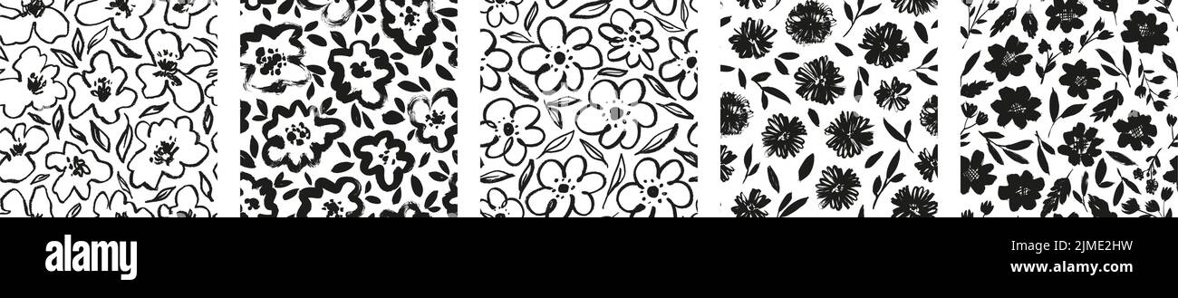Set of black brush flowers seamless patterns Stock Vector