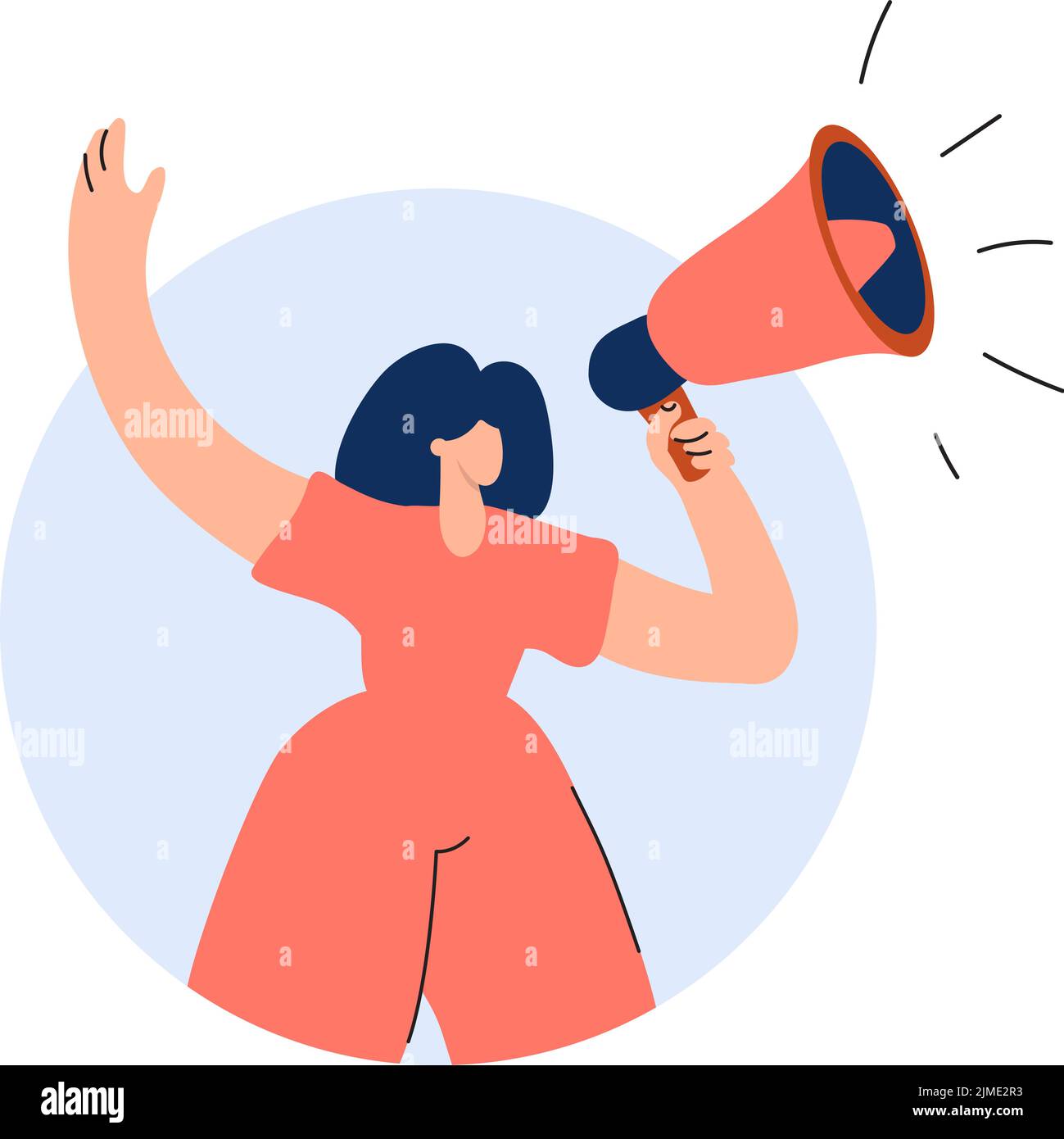 Cute vector woman shouting into megaphone about discount or protest. Girl warning about seasonal sales flat illustration shopping. Online campaign Stock Vector