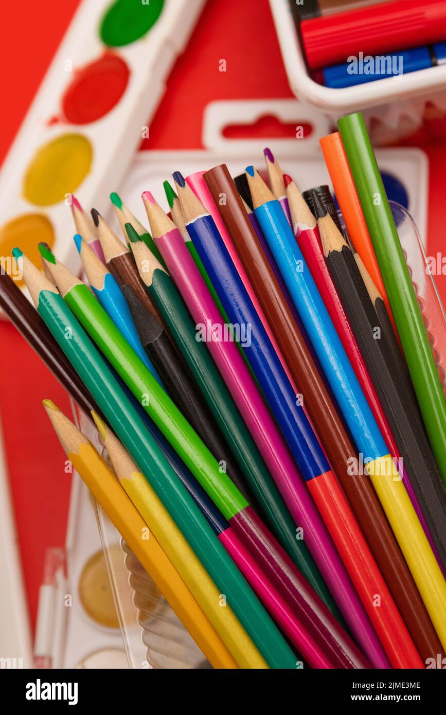 Lots of colored pencils and watercolors Stock Photo Alamy