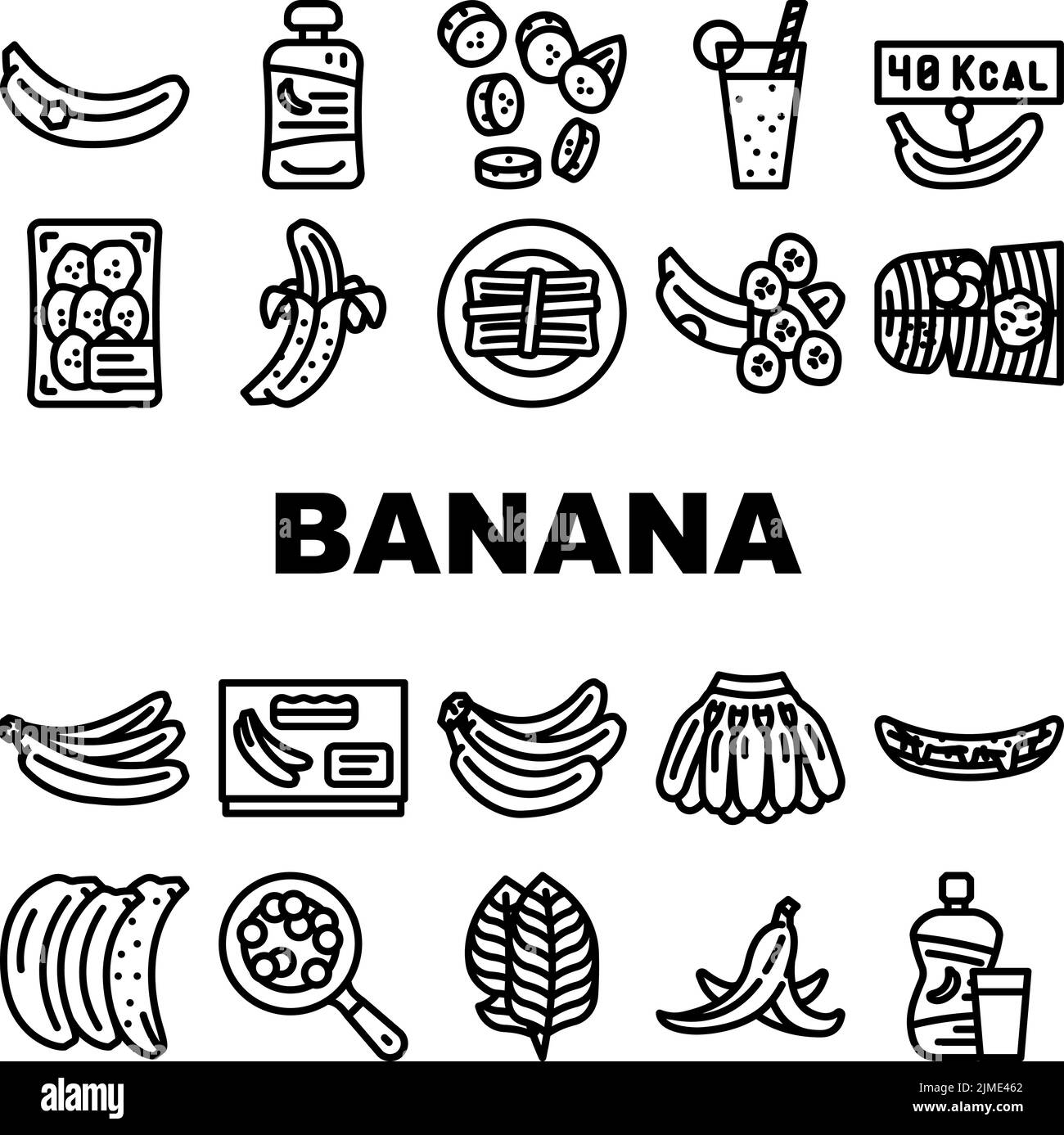 banana fruit food yellow white icons set vector Stock Vector Image