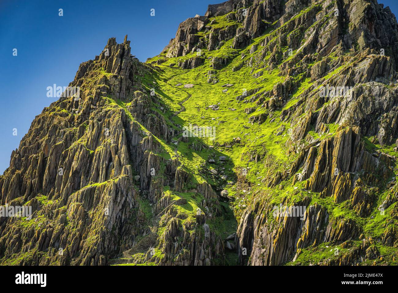 Closeup on steep stairs carved in stone on Skellig Michael island where Star Wars were filmed