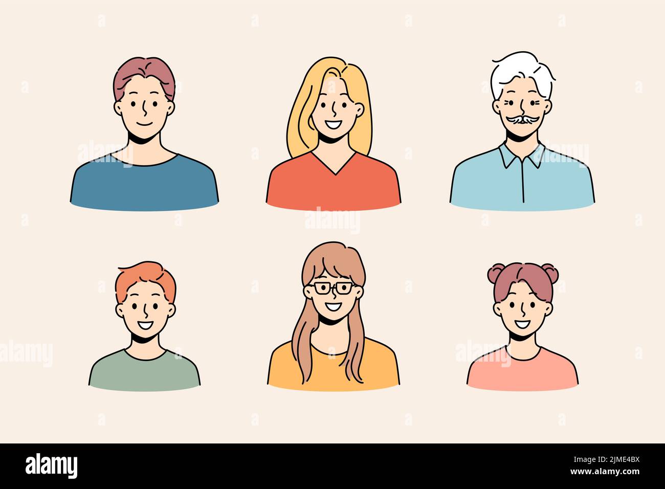 Avatars of diverse people set. Collection of younger and older person faces. Diversity and equality. Vector illustration.  Stock Vector