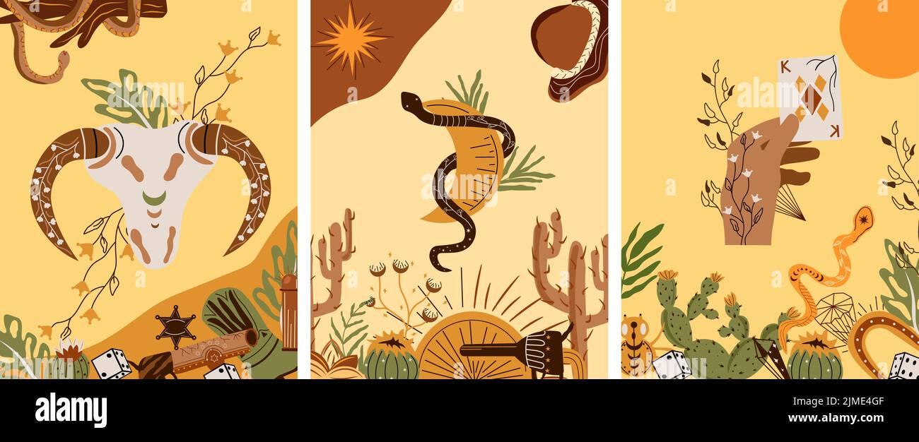Set a Wild West poster with an animal skull, a mystical snake around the moon, a cowboy hat, a gun, a hand holding a cards, and more. Further Old West in flat style. Vector illustration. Stock Vector