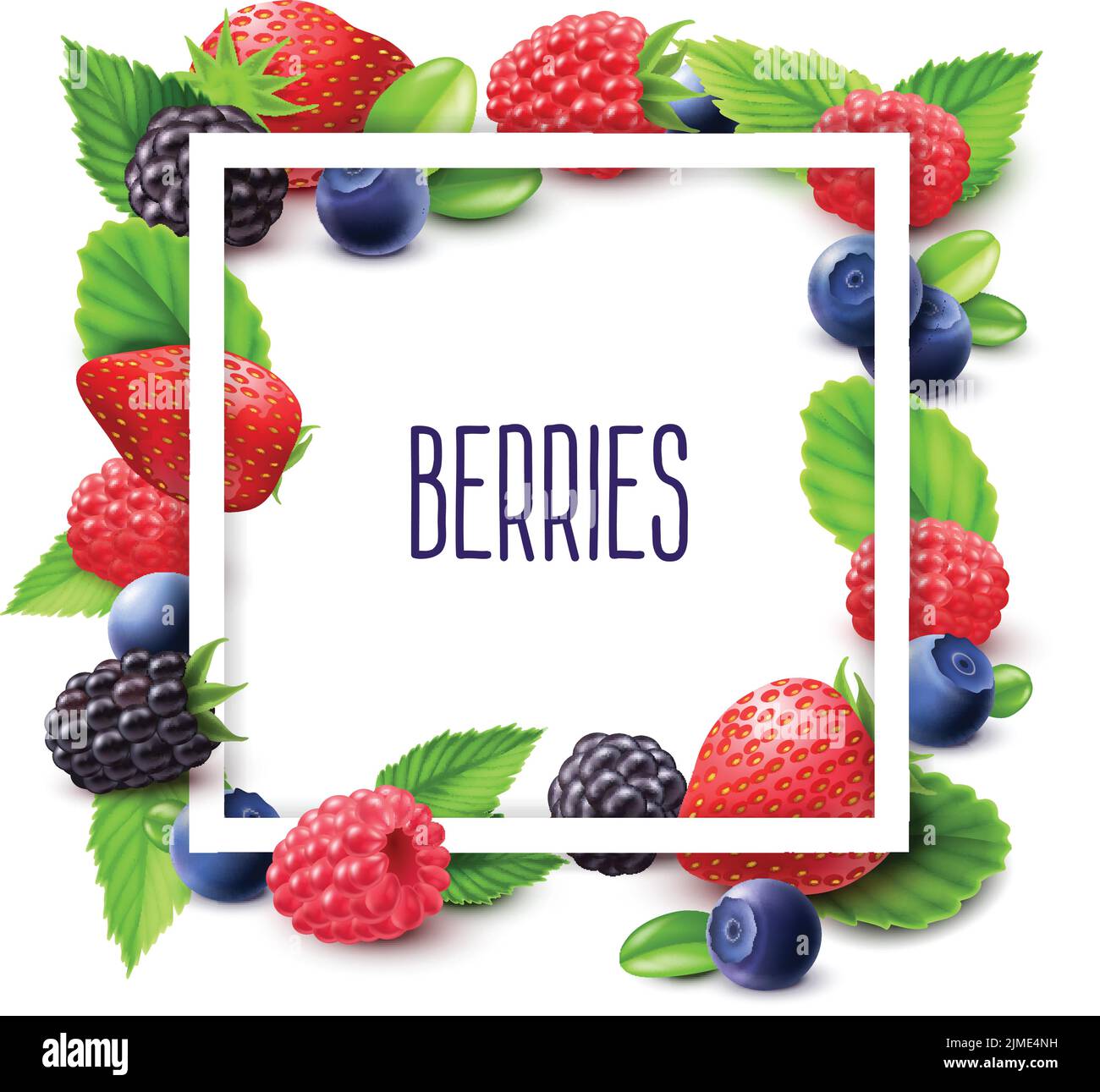 Berries and frame realistic set with blueberry strawberry and