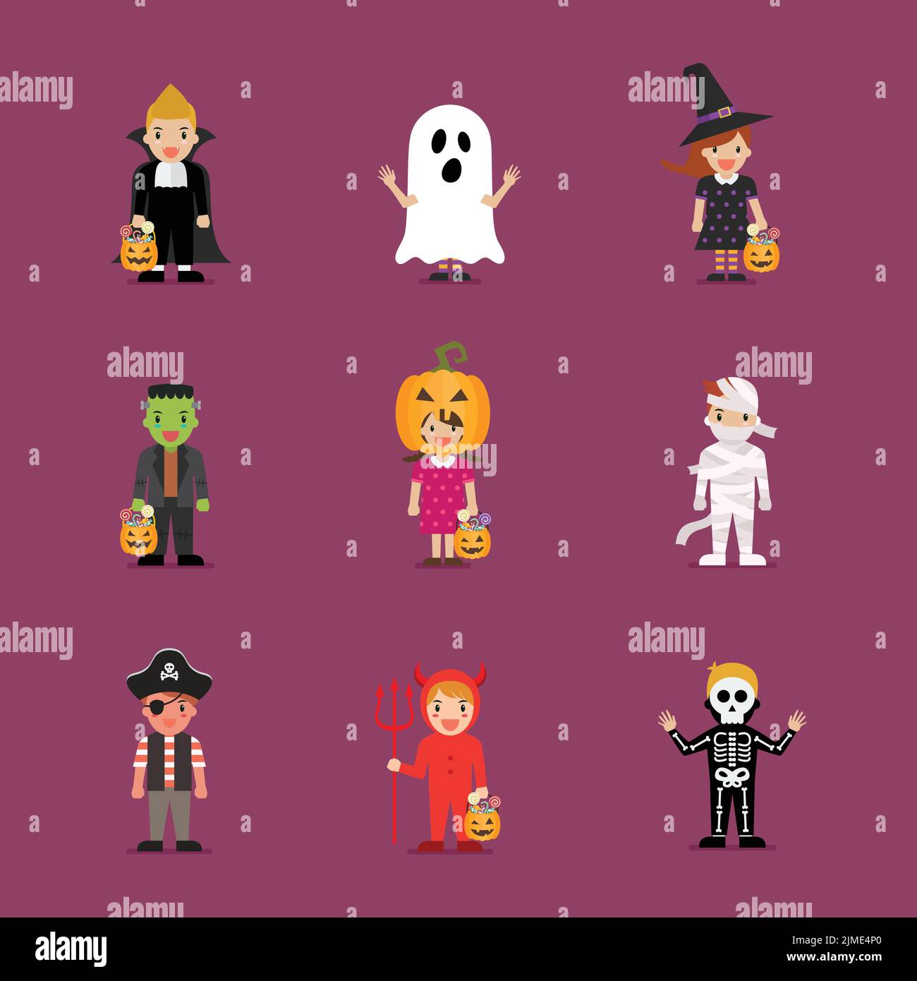 Children in scary halloween costumes. Halloween holiday party. Vector illustration Stock Vector