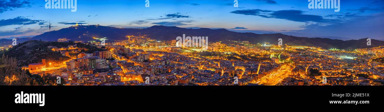 Barcelona Spain, high angle view night panorama city skyline view from Bunkers del Carmel Stock Photo