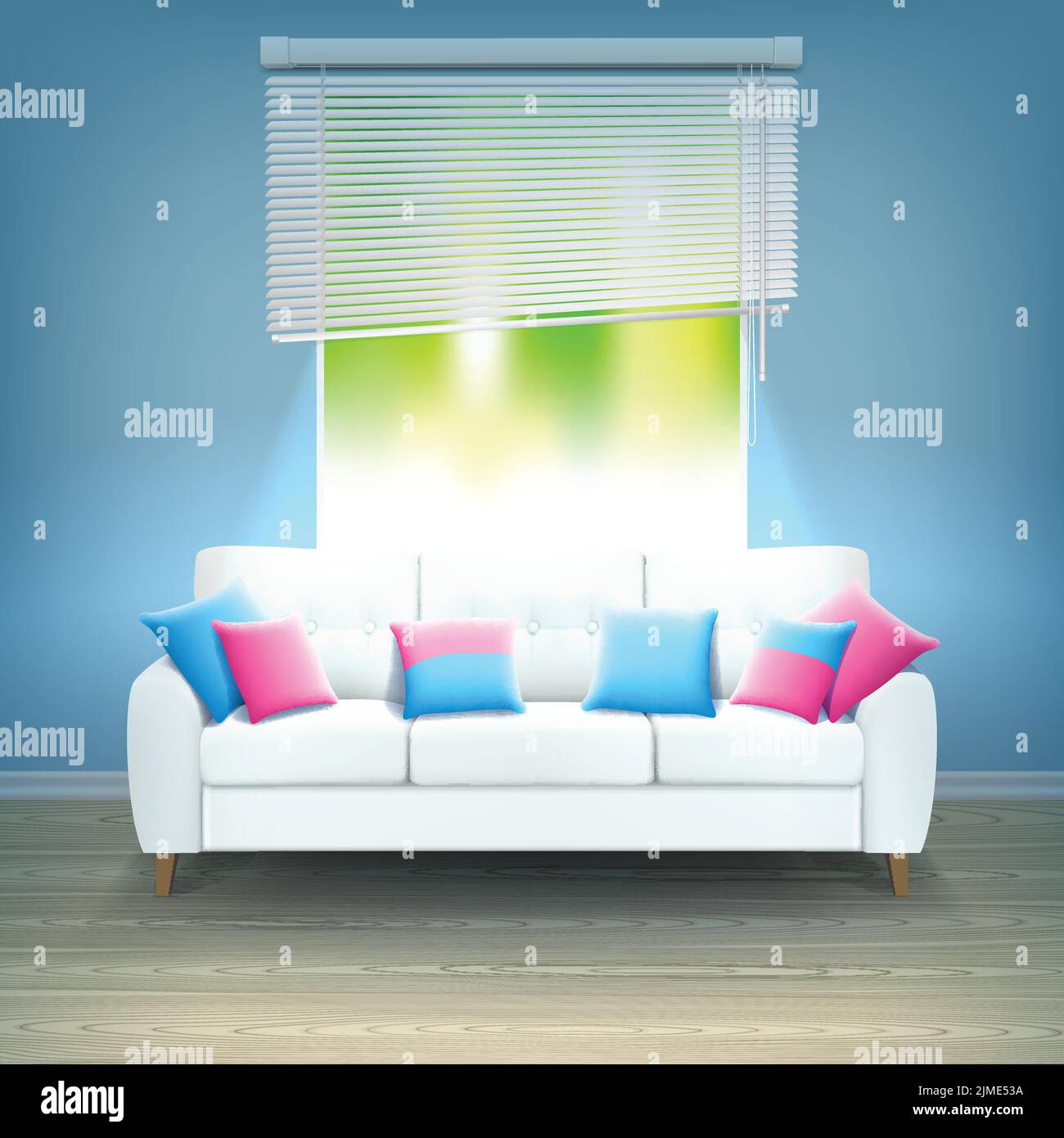 White leather luxury sofa with red and blue decorative cushions in