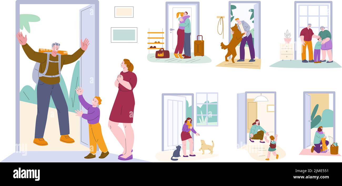 Man come back to home. Girl leaving house, rushing in trip. People opening door in life, family welcome concept. Kids meeting dad mom, kicky vector Stock Vector