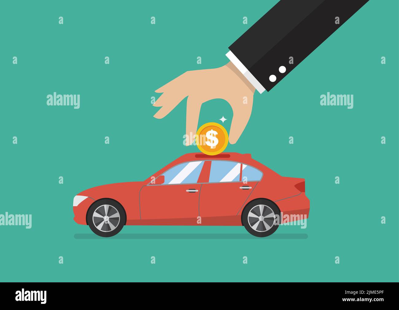 Businessman collect the money in car piggy bank. Financial planning concept. Stock Vector