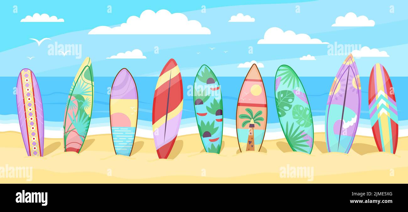 Surfing board on beach. Surfboard background, ocean panorama with decor