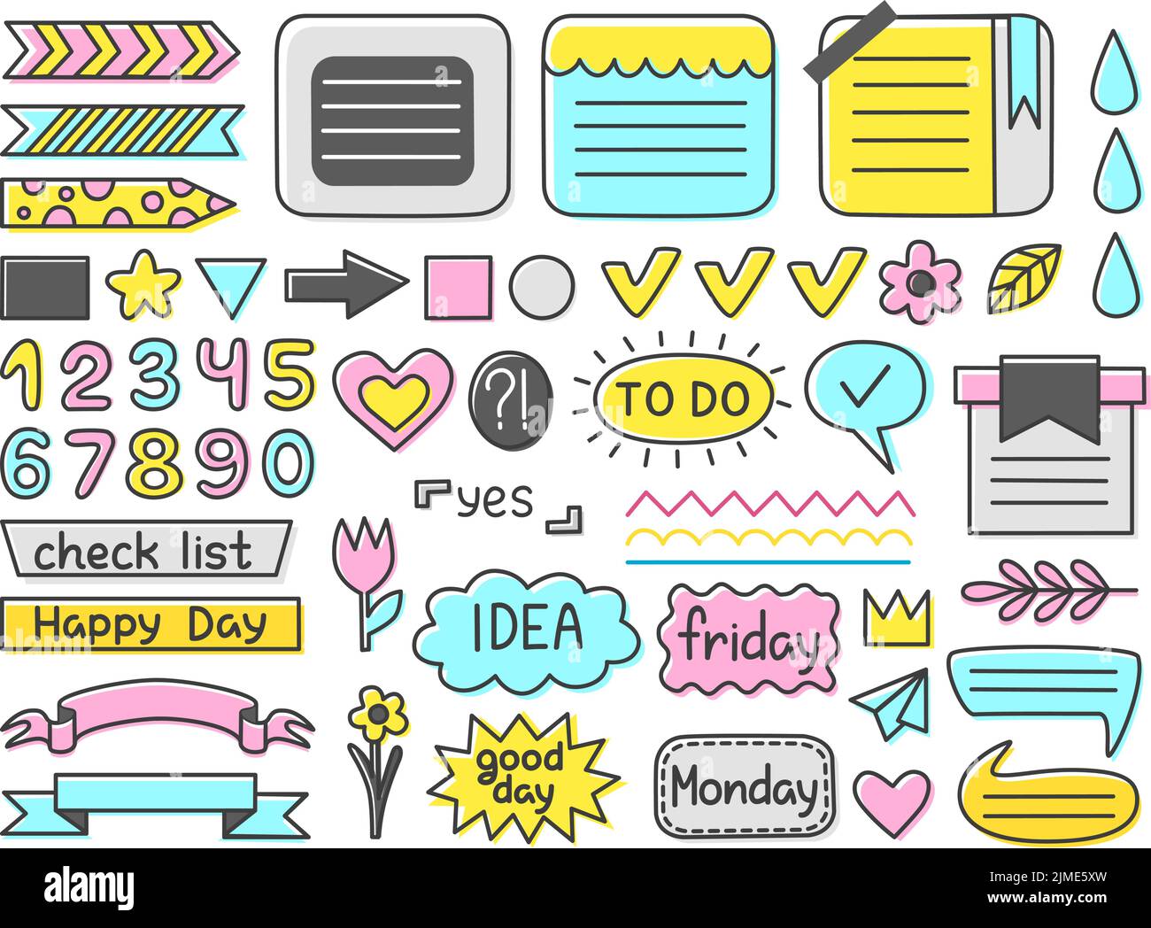 Doodle diary elements. Bullet journal cute stickers, calendar labels. Office note papers and planning arrows, clouds, numbers neoteric vector set Stock Vector