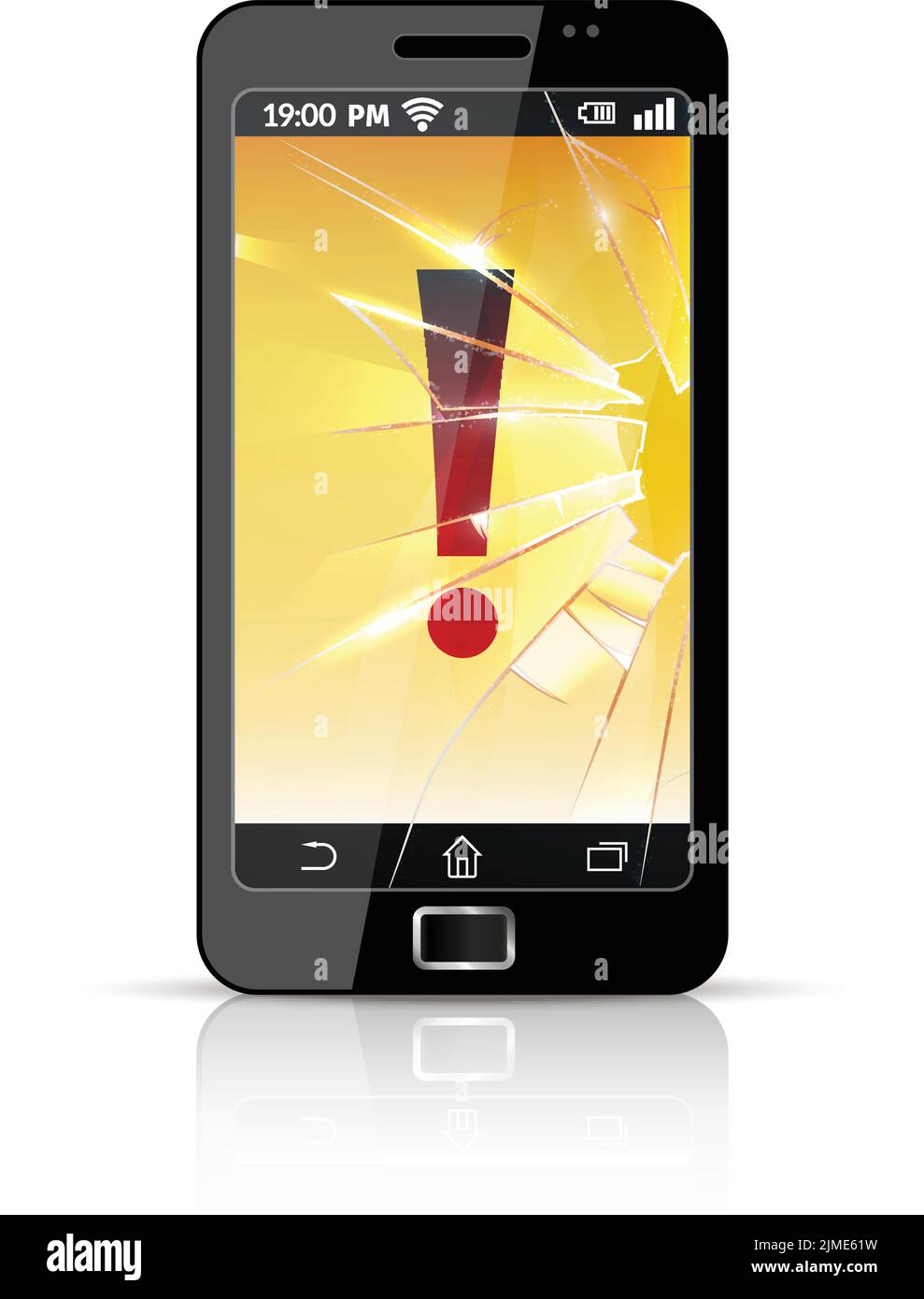 Modern smart cell phone with cracked screen and big red exclamation ...