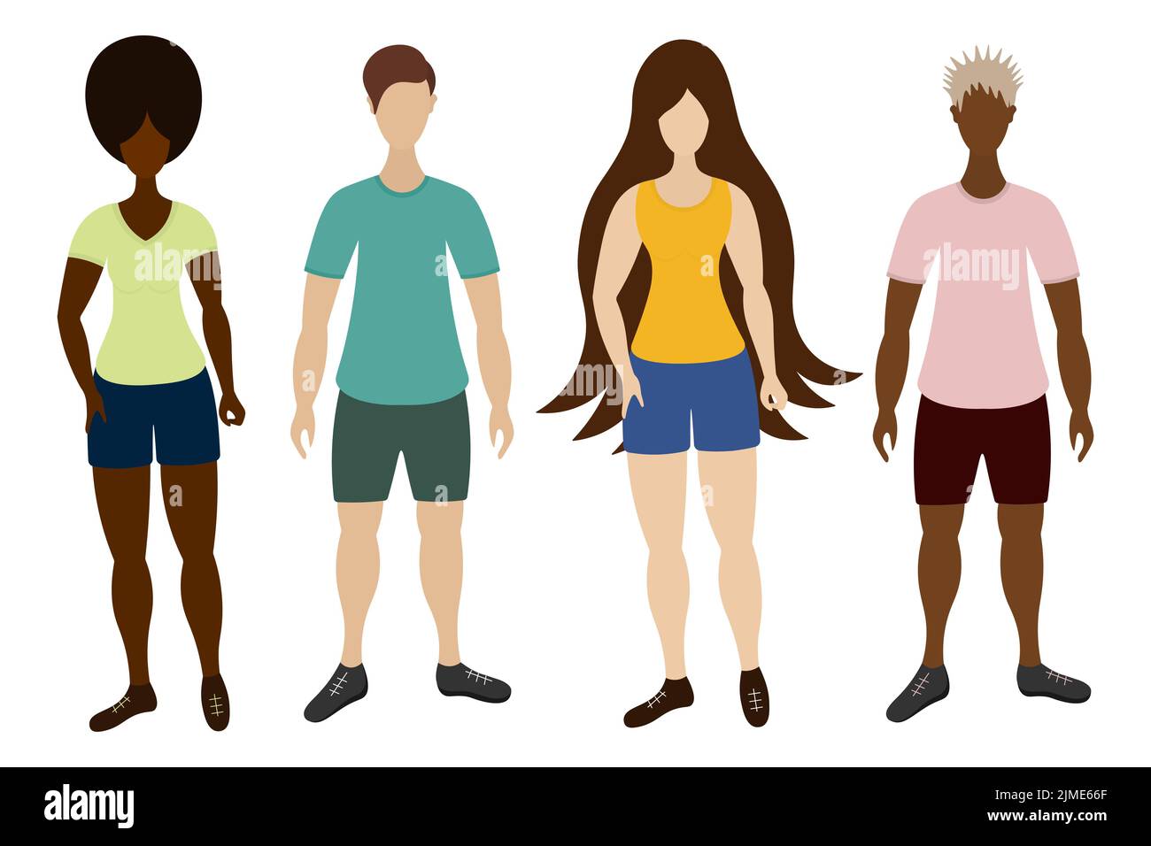 Girls and boys of different cultures and skin tones. Young people in sportswear. Color vector illustration. A group of athletes in t-shirts, shorts Stock Vector