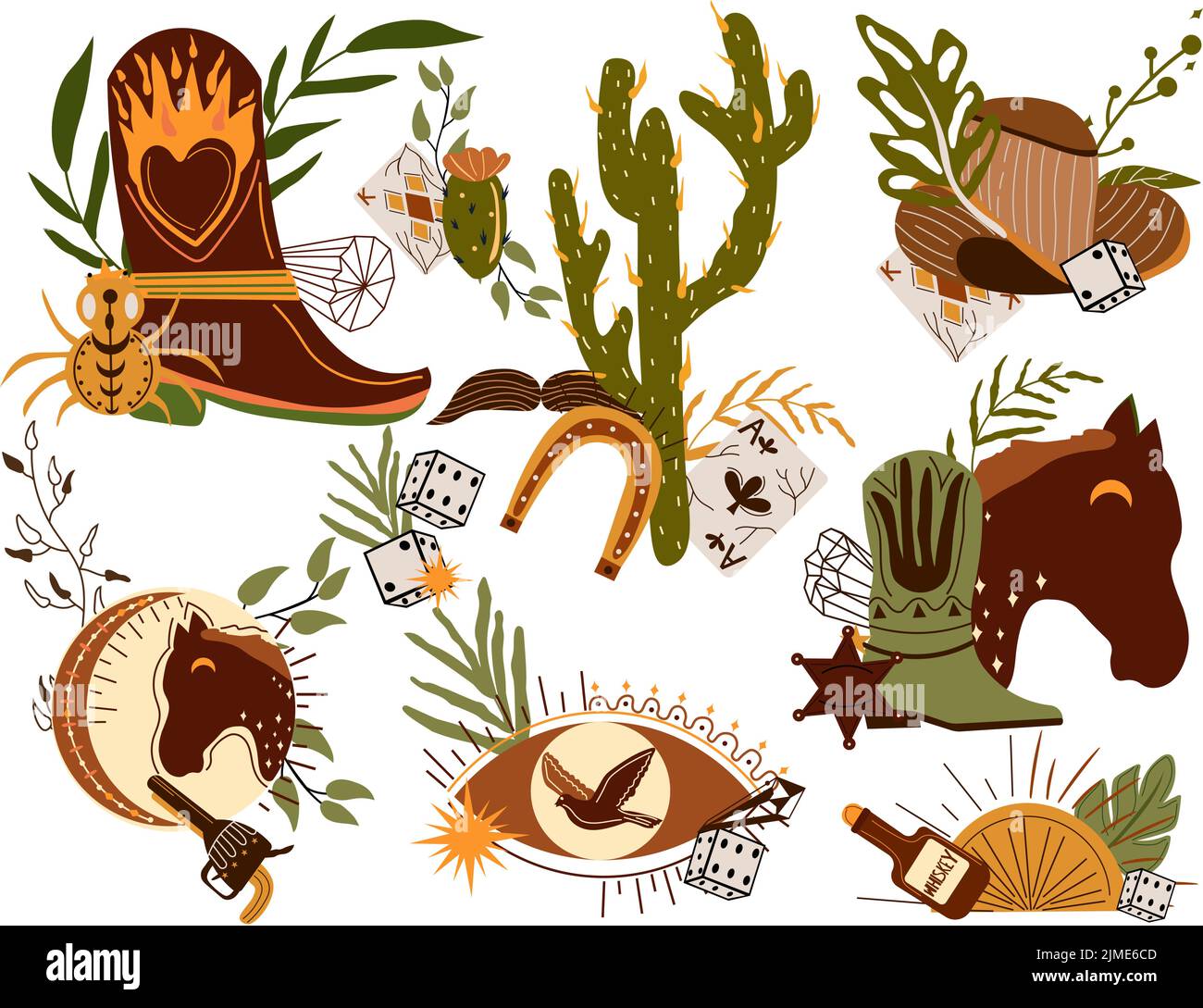 Set a Wild West composition with cowboy hat, playing cards, wild horse head, dice, flying eagle and others. Further Old West in flat style. Vector illustration Stock Vector
