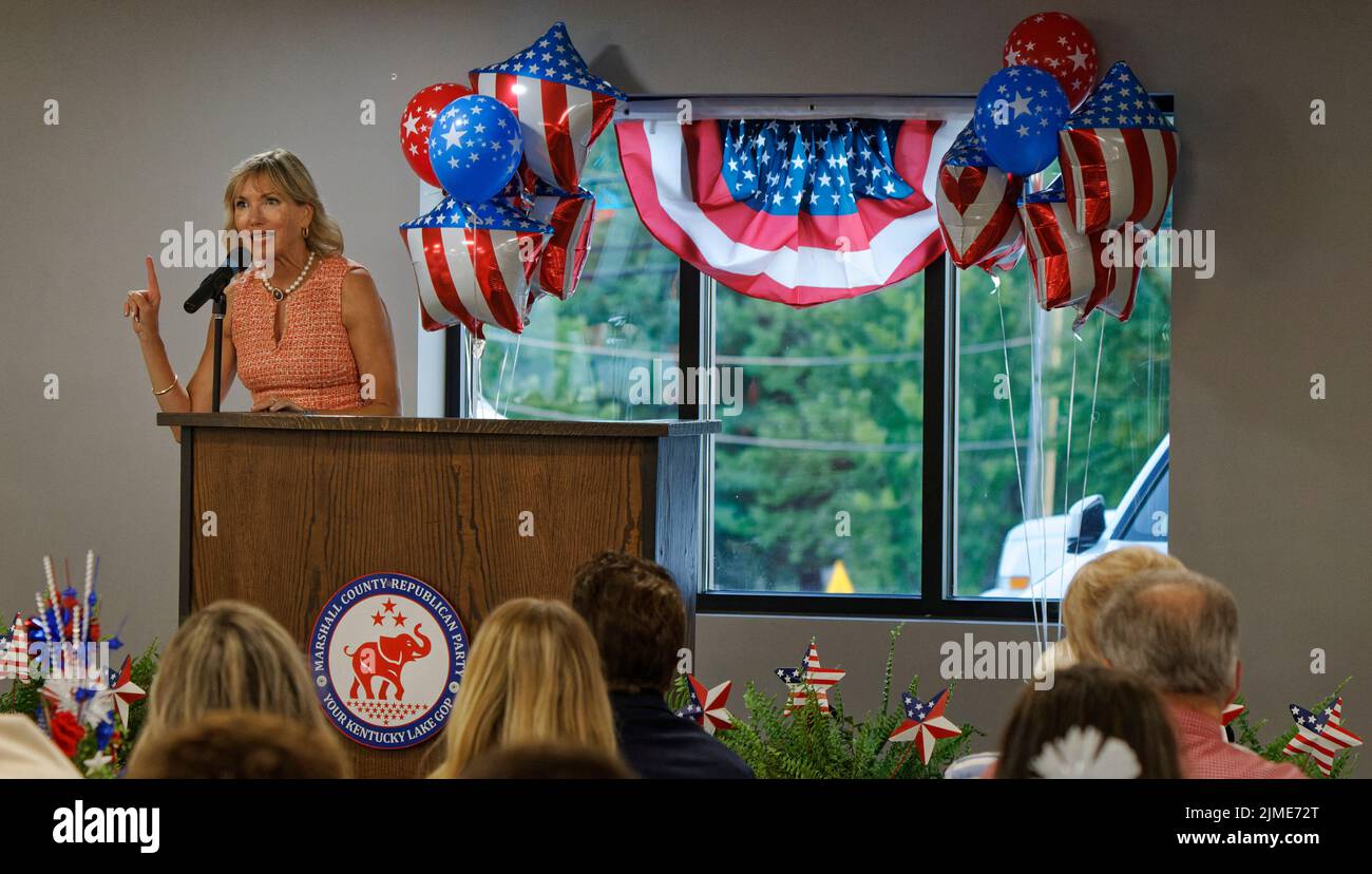 Calvert City, KY, USA. 05 Aug 2022. Kelley Paul speaks during the Night Before Fancy Farm West Kentucky GOP Rally at the Calvert City Civic Center. Sen. Rand Paul was scheduled to give the keynote address but asked his wife to fill in after being unexpectedly needed in Washington. (Credit: Billy Suratt/Apex MediaWire via Alamy Live News) Stock Photo