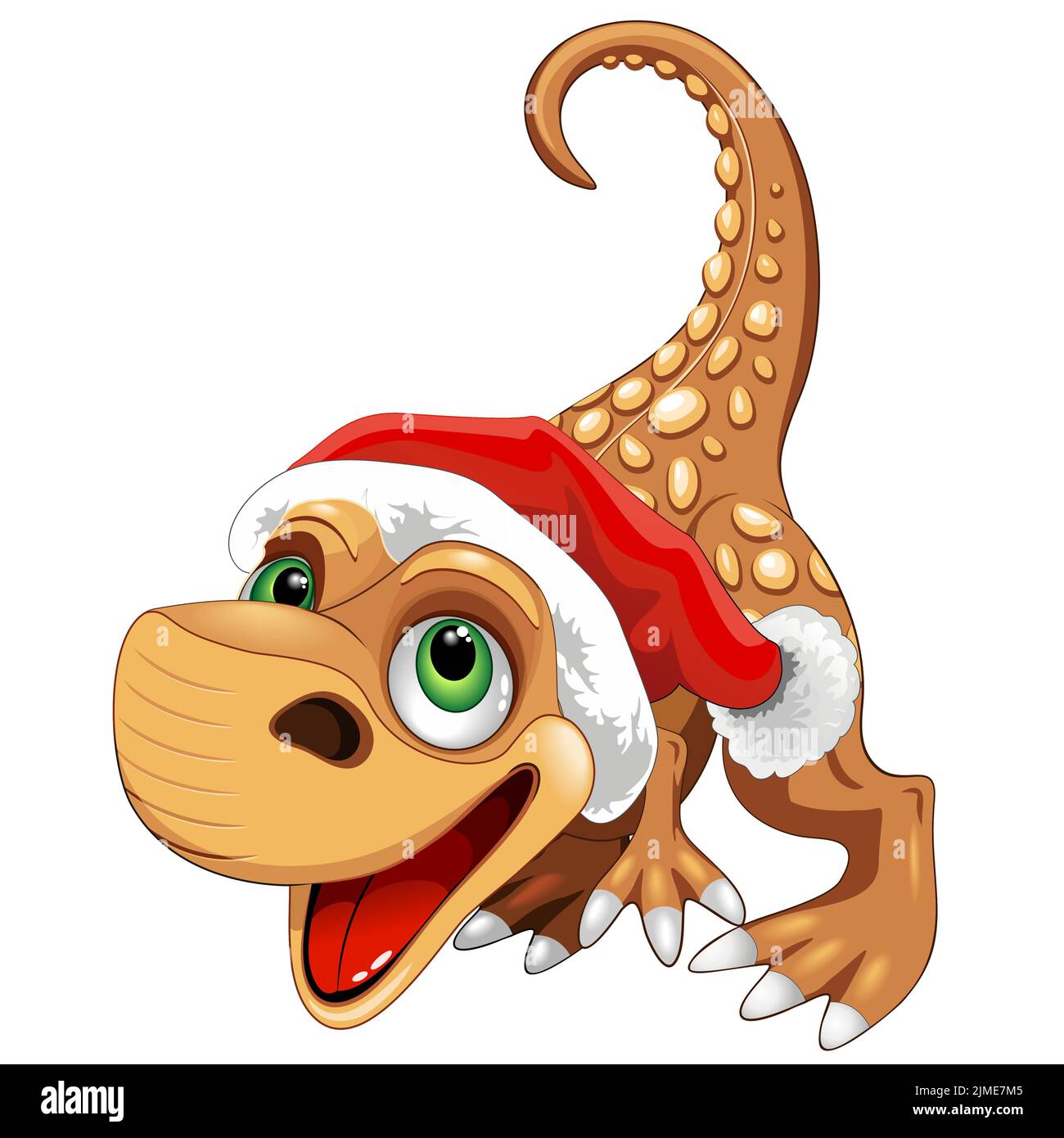 A vertical vector illustration of a baby dinosaur with Santa's hat, a cartoon character. Stock Vector