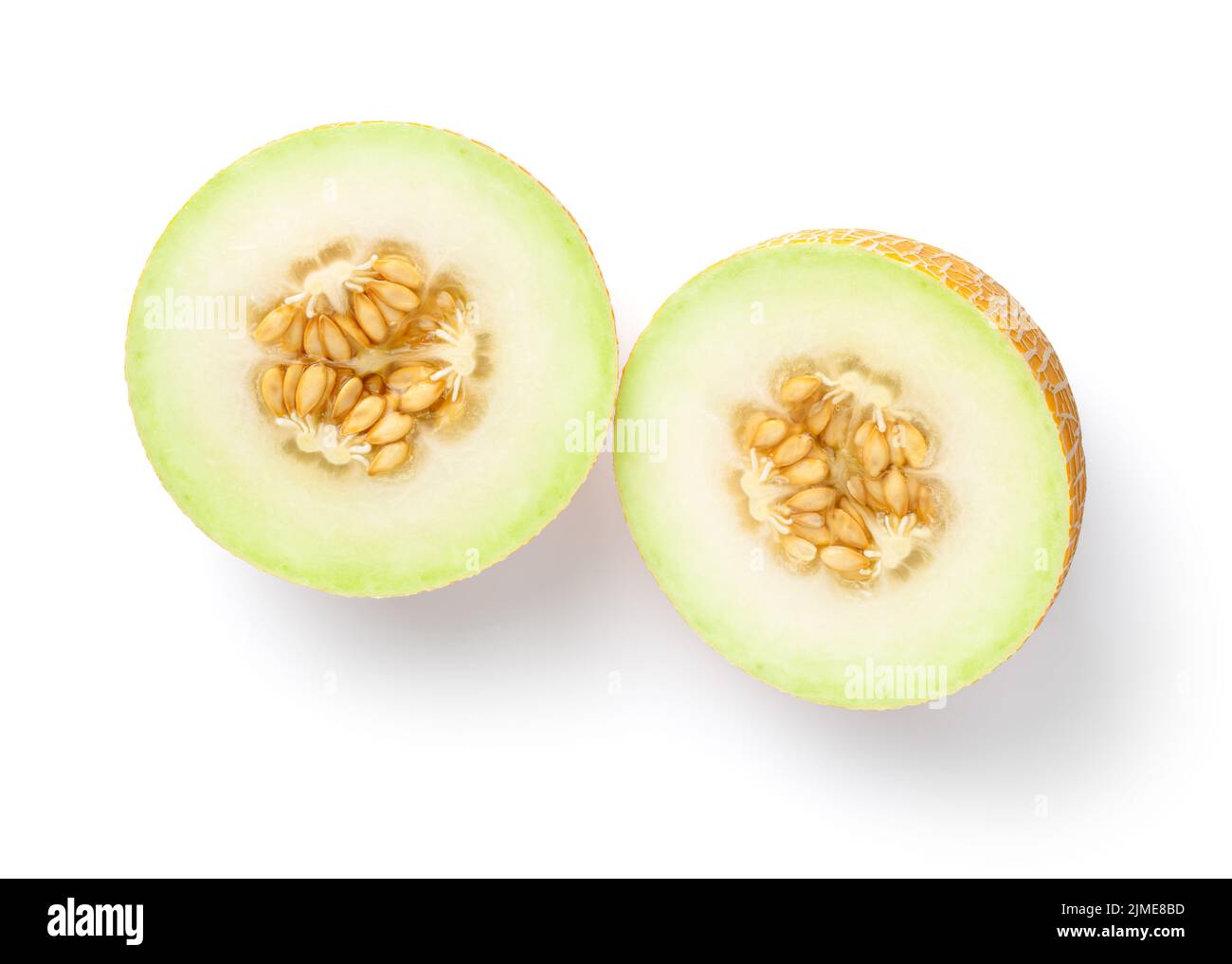 Galia Melon Cut In Half White Isolated Stock Photo