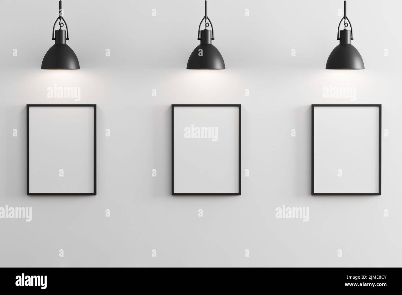 Three black vertical frames mockup with black pendant lights above and