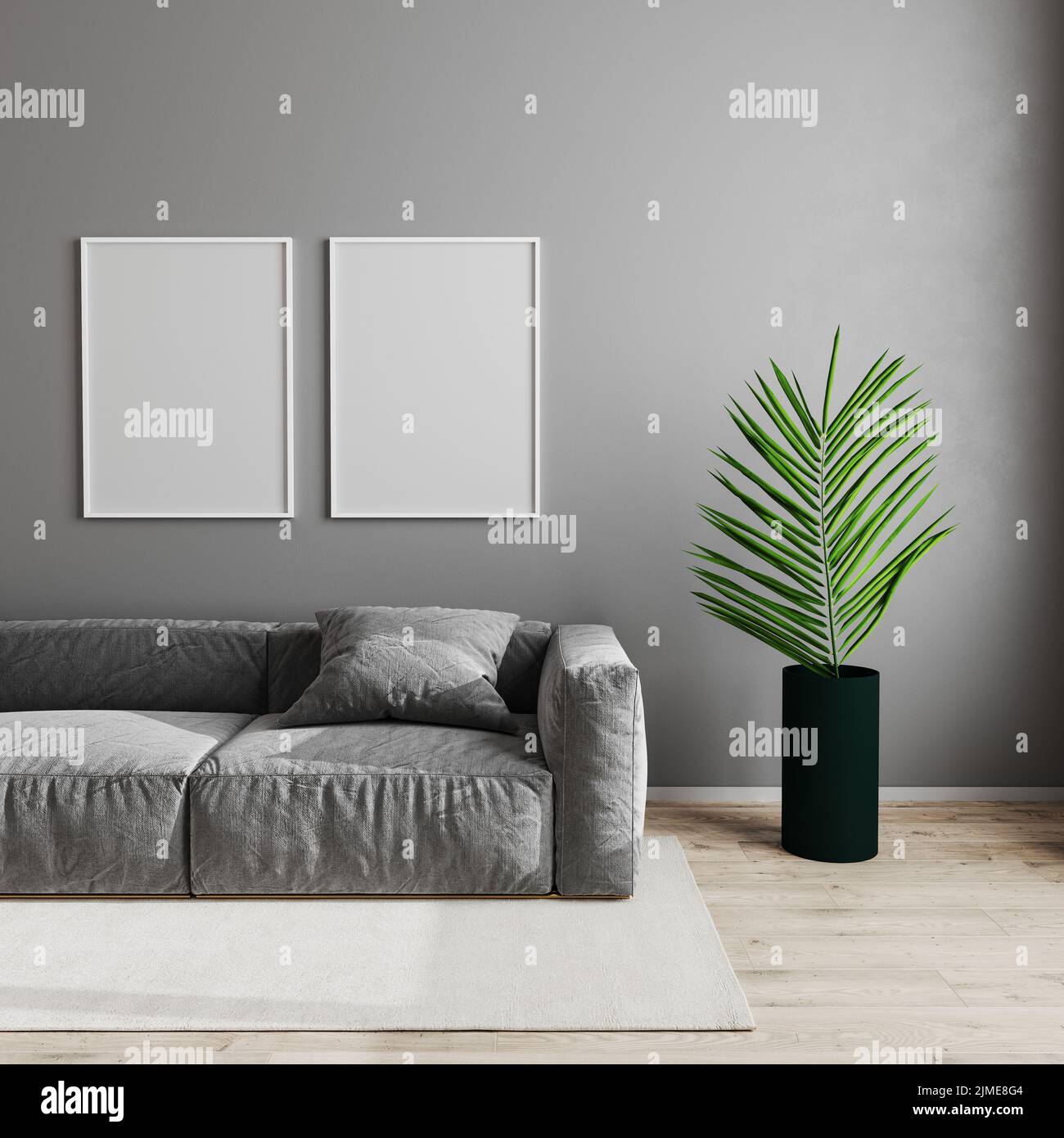 Blank empty white poster frame in modern living room interior